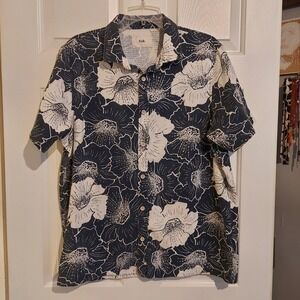 Folk Mens Navy Blue White Floral Linen Blend Short Sleeve Button Down Shirt L